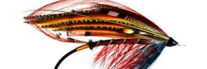 Colorful artificial fishing fly with feather and thread details, set against a plain white background.