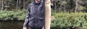 Person in outdoor gear holding a large fish vertically while standing in a boat on a forested lake.