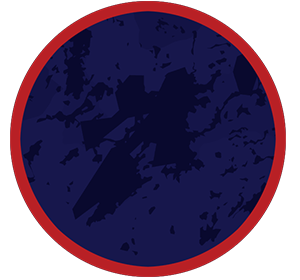 A dark blue circle with a red border and abstract shapes inside on a light gray background.