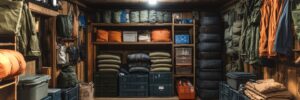 A neatly organized storage room with shelves of bags, containers, tires, and supplies arranged along wooden walls.